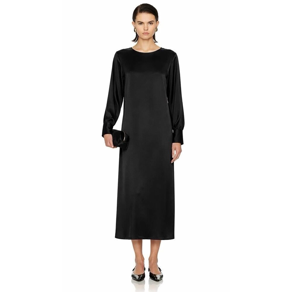 Nili Lotan Black Silk Midi Dress Long Sleeve Minimalist Slip Shift XS